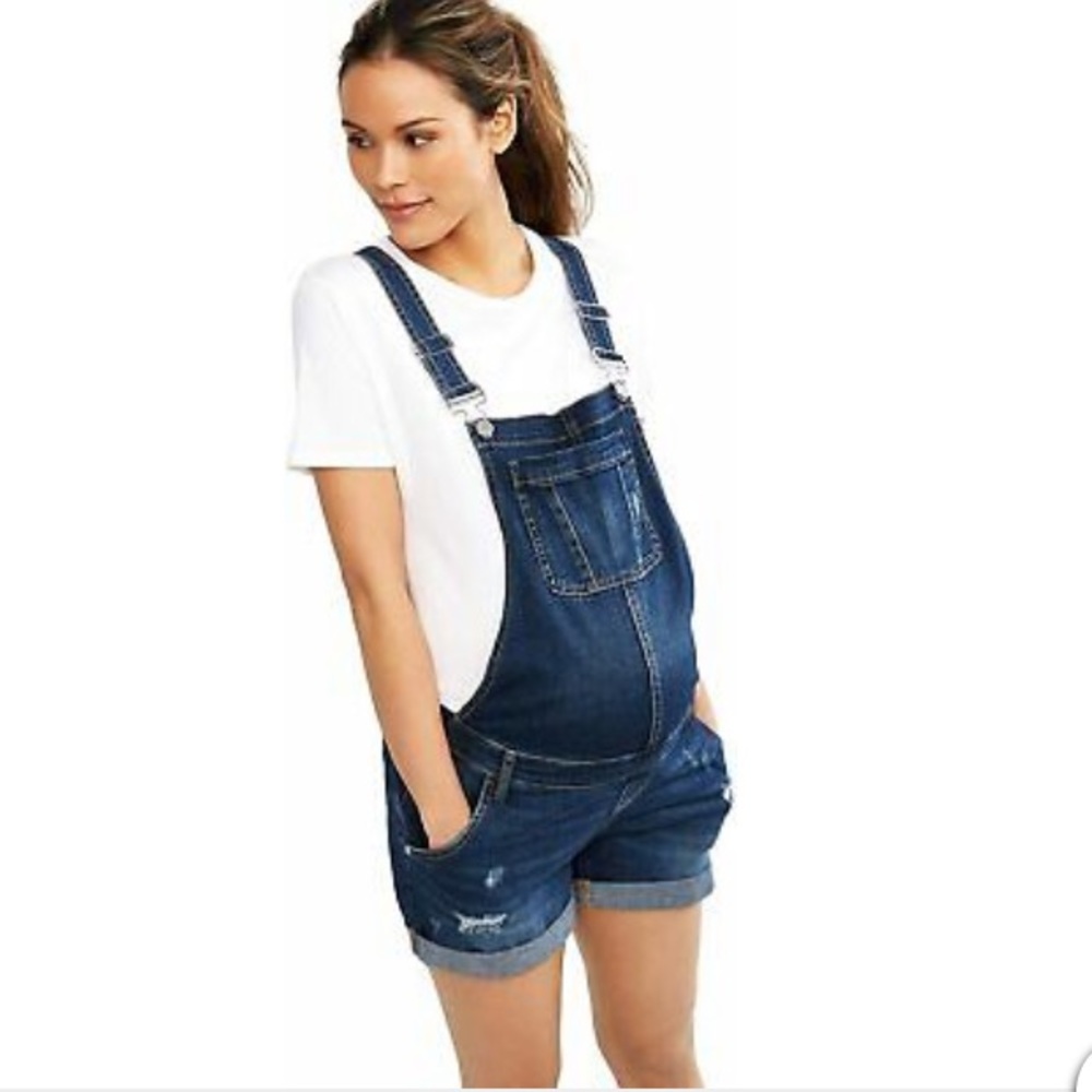 Indigo Blue maternity distressed denim shortalls.
